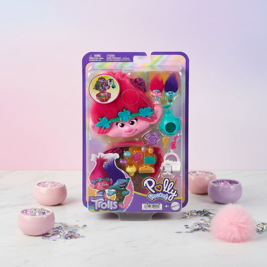 Polly Pocket x DreamWorks Trolls Poppy compact playset by Mattel on white marble with pink and purple rainbow accent props, studio product photography – More4less Outlet