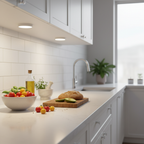 Good Earth LED puck lights under kitchen cabinets illuminating countertop