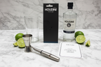 Houdini Double Jigger on white marble with gin bottle lime wedges and cocktail recipe card - More4less Outlet