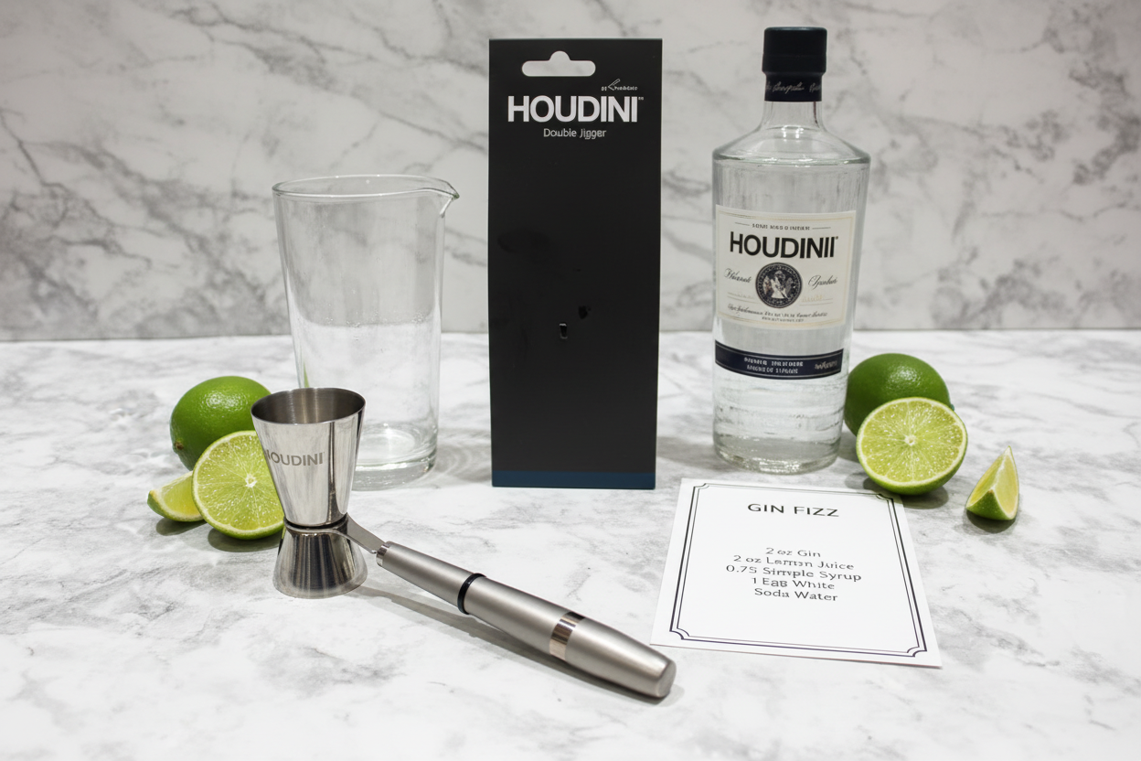 Houdini Double Jigger on white marble with gin bottle lime wedges and cocktail recipe card - More4less Outlet