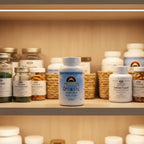 Source Naturals Optimistic Saffron Complex bottle in minimalist health cabinet pantry with wellness supplement jars and recessed lighting