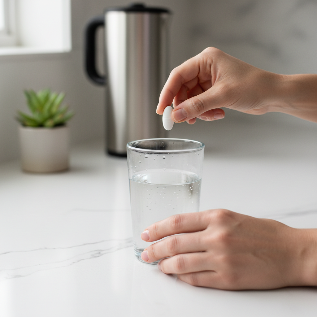 Close-up of hands holding a supplement tablet next to a glass of water on a kitchen counter