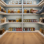 Organized pantry with GE LED light bars illuminating shelves