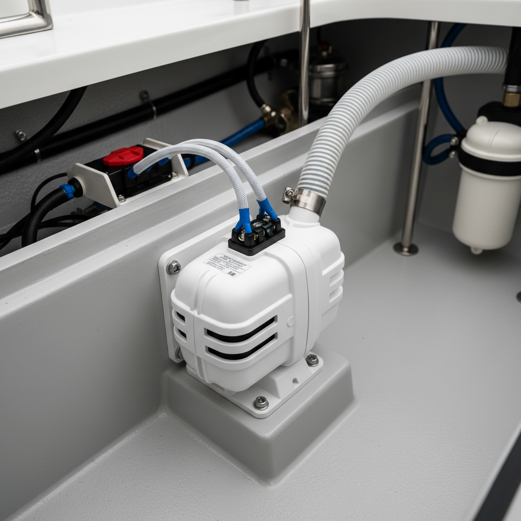 Lifestyle — white bilge pump installed in clean fiberglass boat bilge compartment with wiring connected — marine installation editorial for visual context only