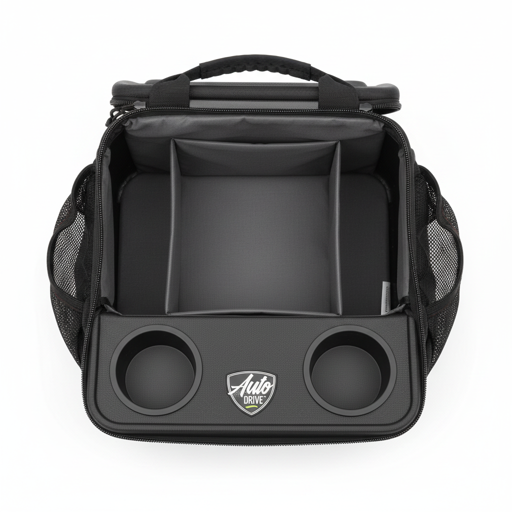 Auto Drive black car console organizer overhead flat lay showing all compartments including two cup holders large center bin and mesh side pockets