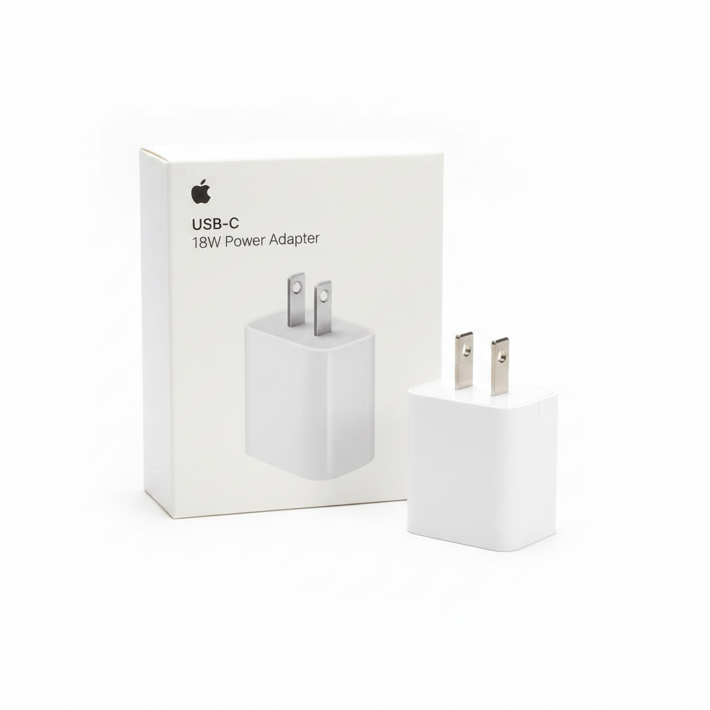 Apple 18W USB-C Power Adapter A1720 beside original white Apple retail box on white background