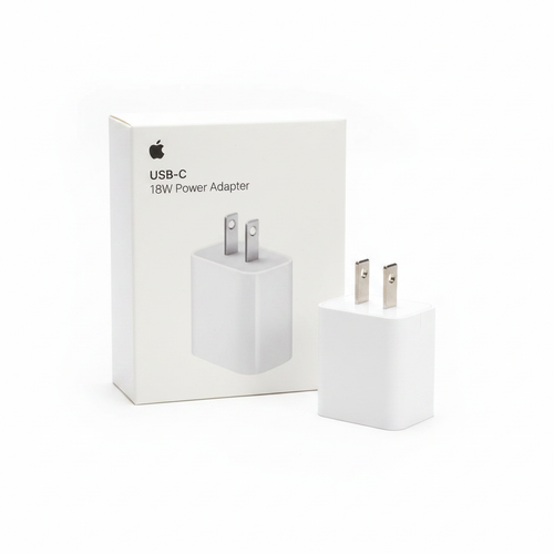 Apple 18W USB-C Power Adapter A1720 beside original white Apple retail box on white background