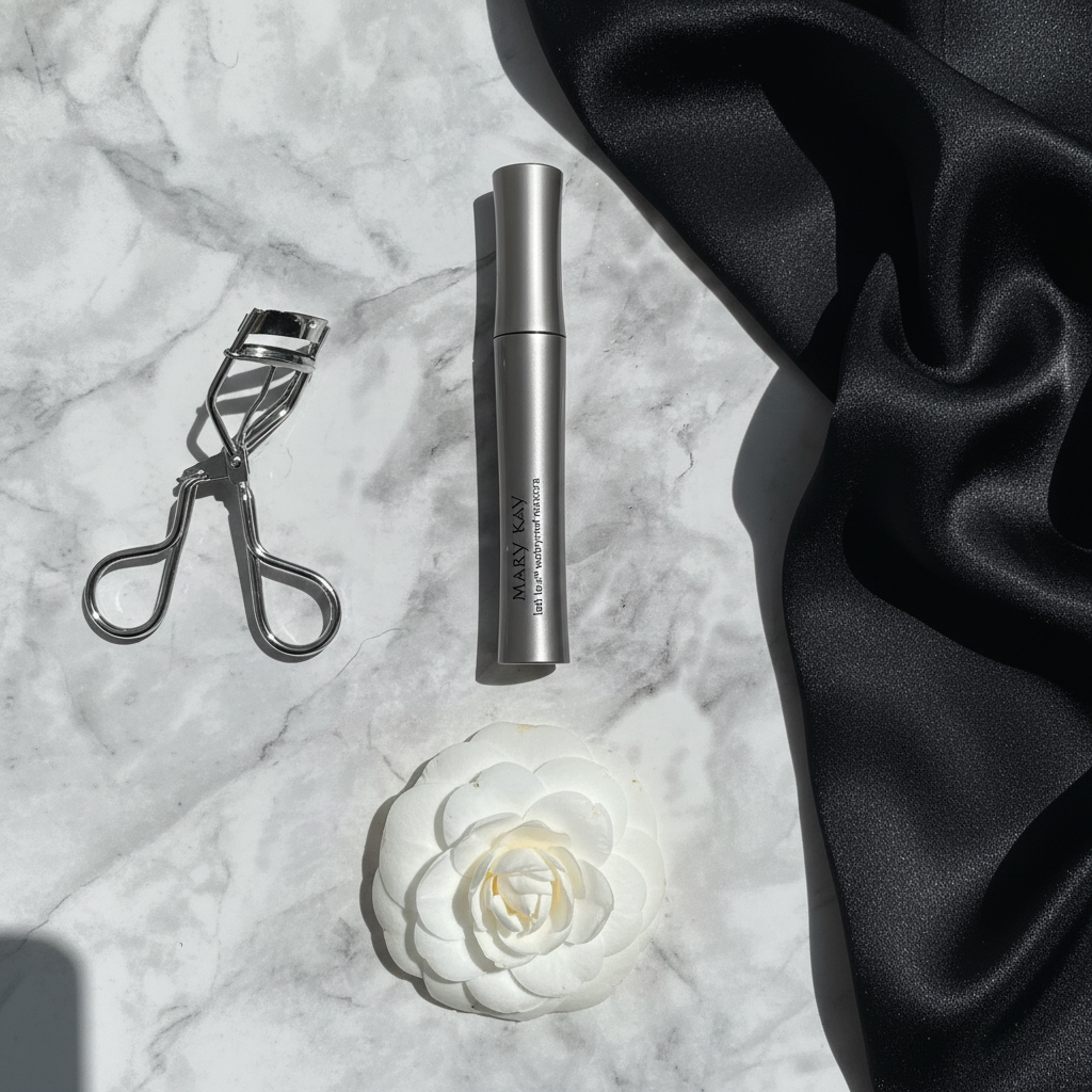 Flat lay of Mary Kay Lash Love Waterproof Mascara with eyelash curler and white flower on marble