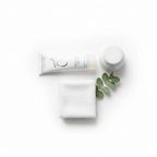 ZO Skin Health Gentle Cleanser 200mL flat lay on white background with facial cleansing brush, towel, and eucalyptus
