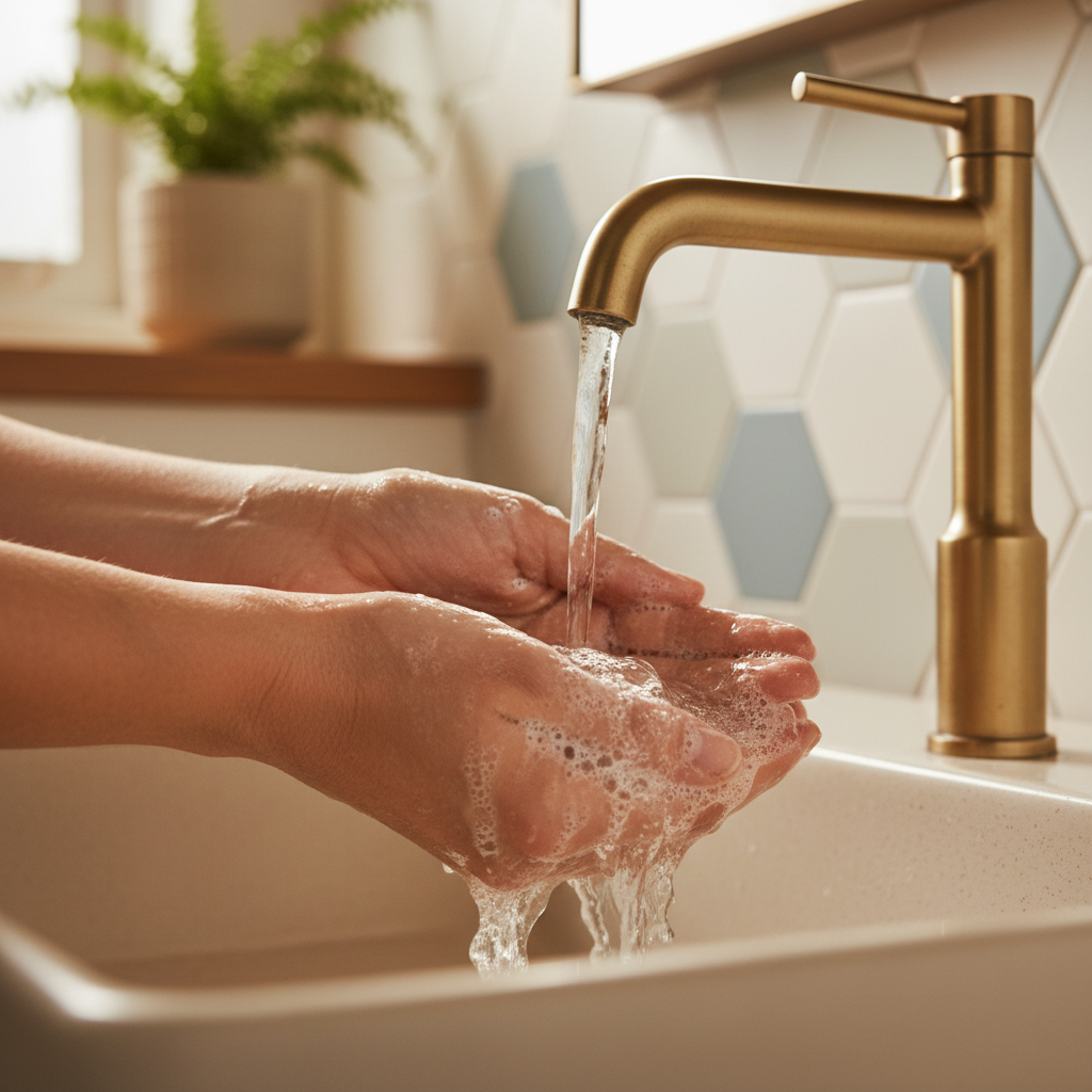 Close-up of hands rinsing exfoliating lather under warm running water in stylish home bathroom