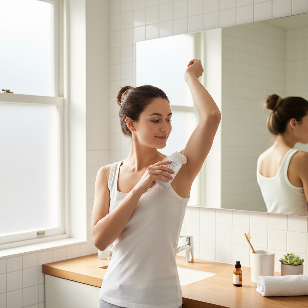 Woman applying roll-on deodorant in bright bathroom
