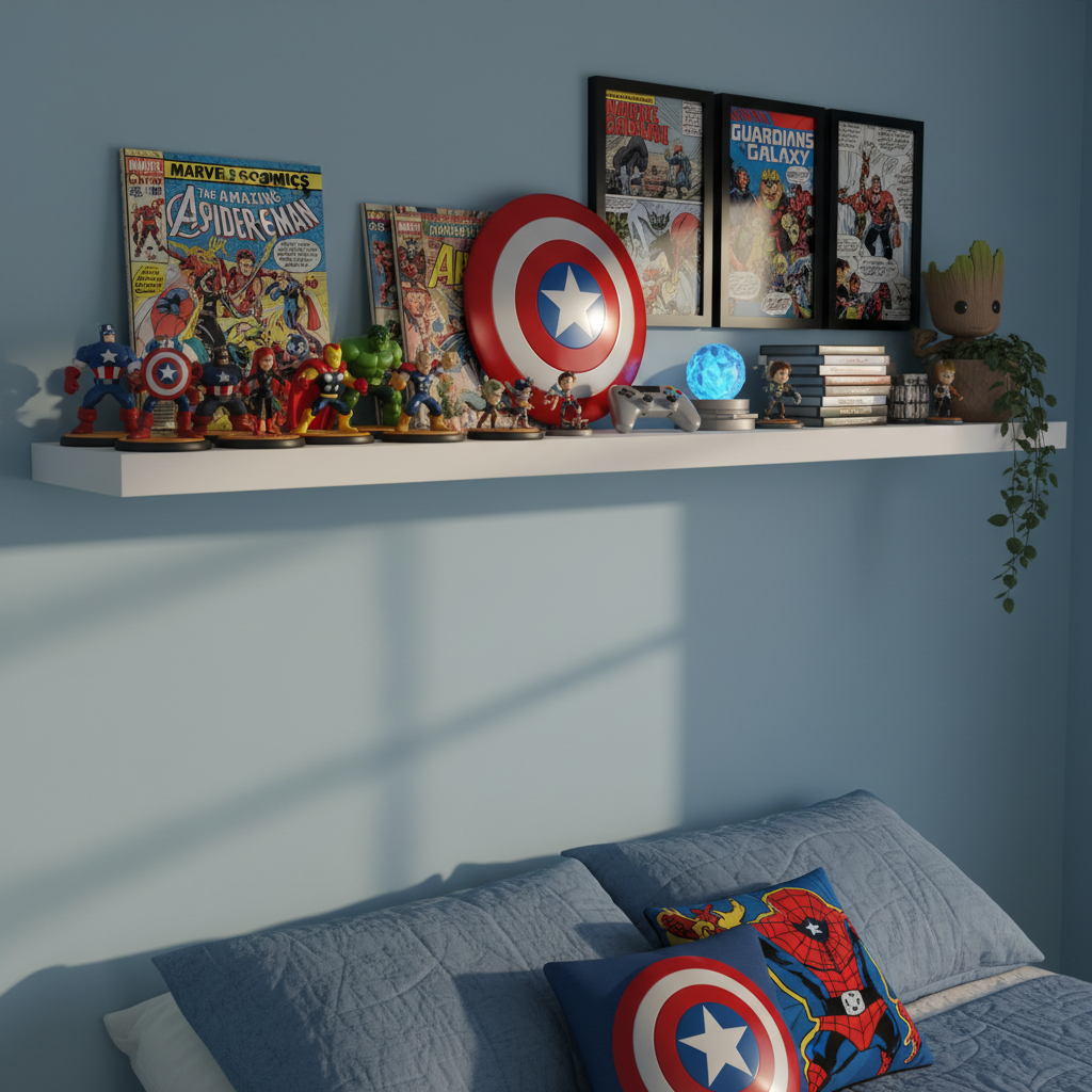 Disney Infinity 2.0 Marvel figures on white floating shelf with comic books and gaming collectibles
