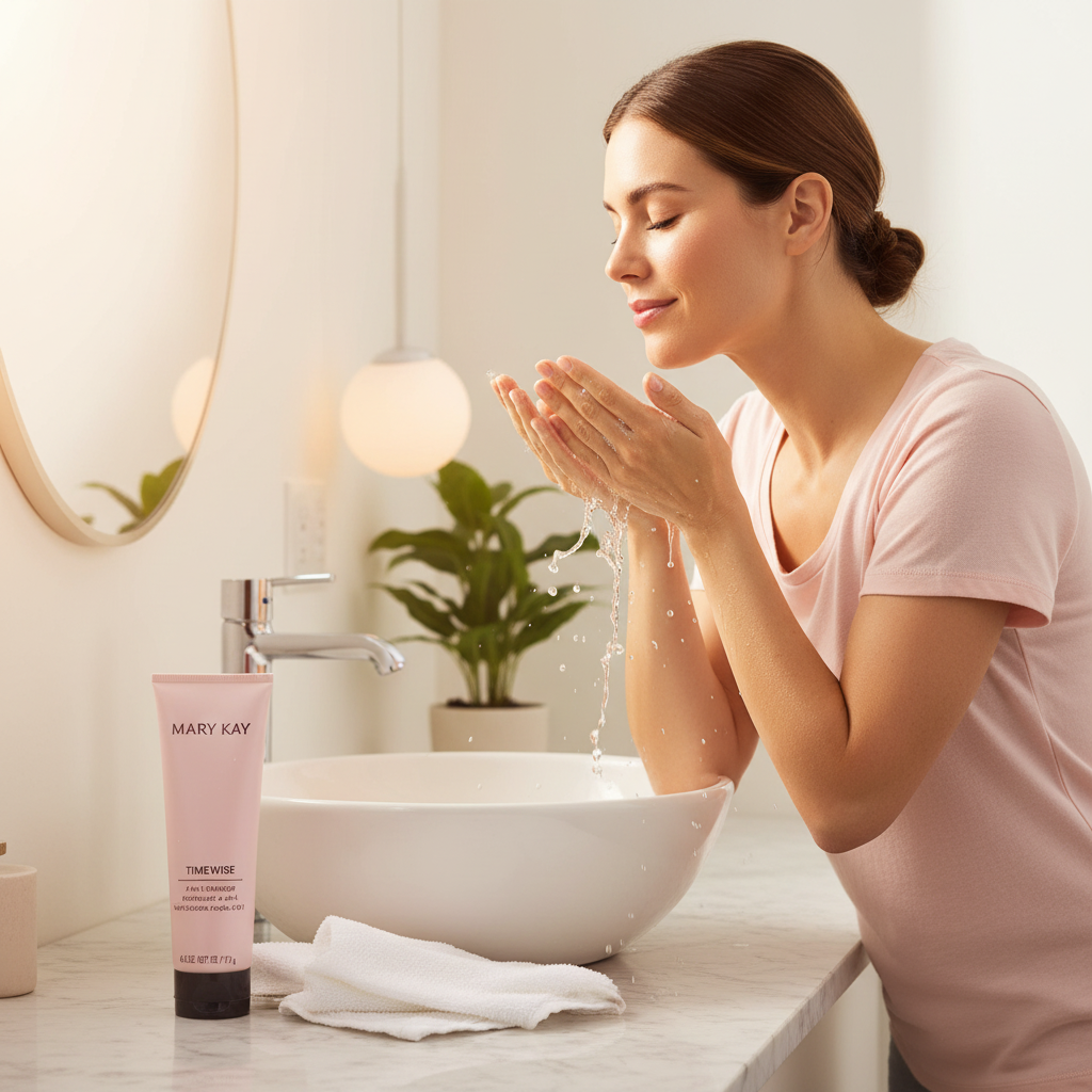 Woman washing face at bright bathroom sink with Mary Kay TimeWise Age Minimize 3D Cleanser on marble countertop