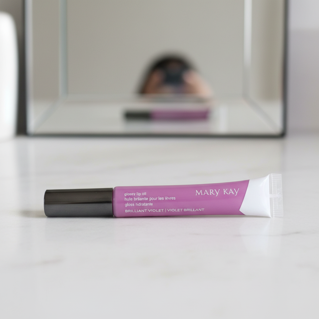 AI-generated lifestyle image of Mary Kay Glossy Lip Oil in Brilliant Violet