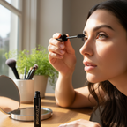 Woman at sunlit vanity applying rich black mascara showing long lifted separated lashes