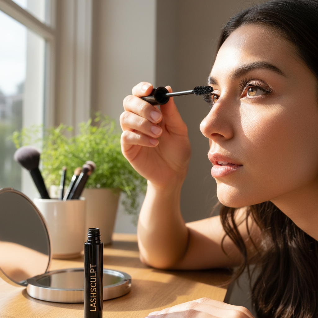 Woman at sunlit vanity applying rich black mascara showing long lifted separated lashes