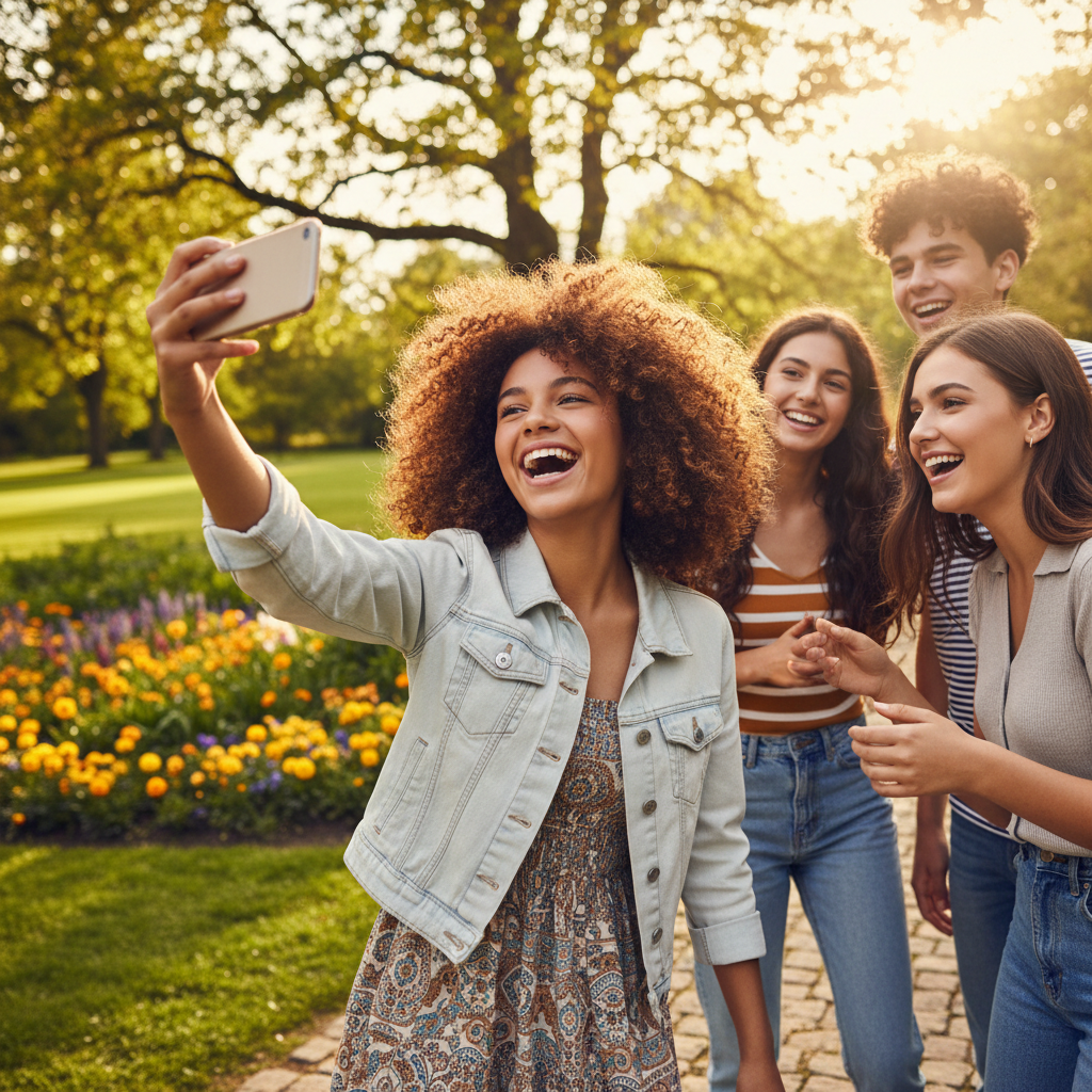 Teenage girl with gorgeous defined curly hair laughing with friends outdoors sunny day lifestyle photo
