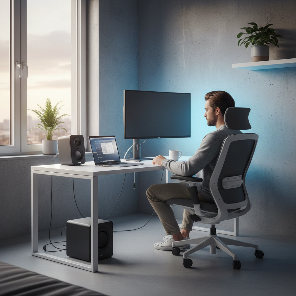 Modern apartment workstation with dual black desktop speakers and subwoofer with blue ambient glow