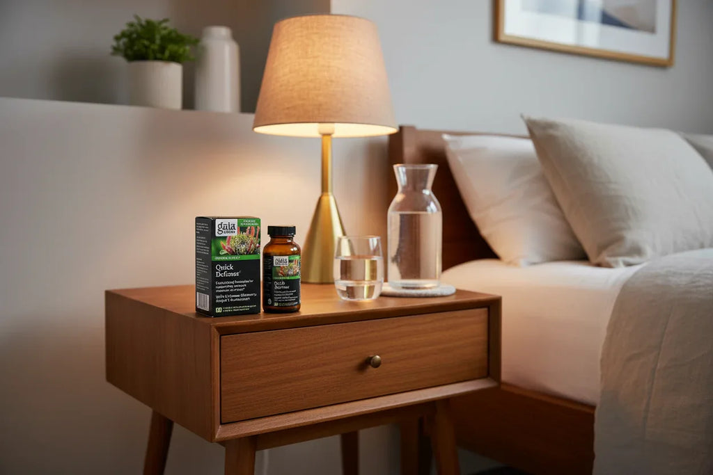 Gaia Herbs Quick Defense 40ct bottle and box on wooden nightstand with water carafe and lamp — nightly immune support wellness routine