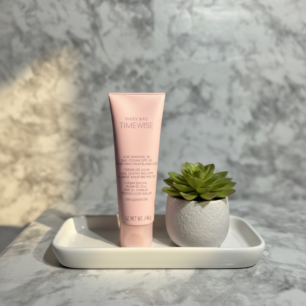 Mary Kay TimeWise Age Minimize 3D Day Cream SPF 30 on vanity tray with succulent plant morning light – More4less Outlet