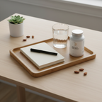 Organized health and focus routine tray with notebook, pen, glass water cup, and white supplement bottle