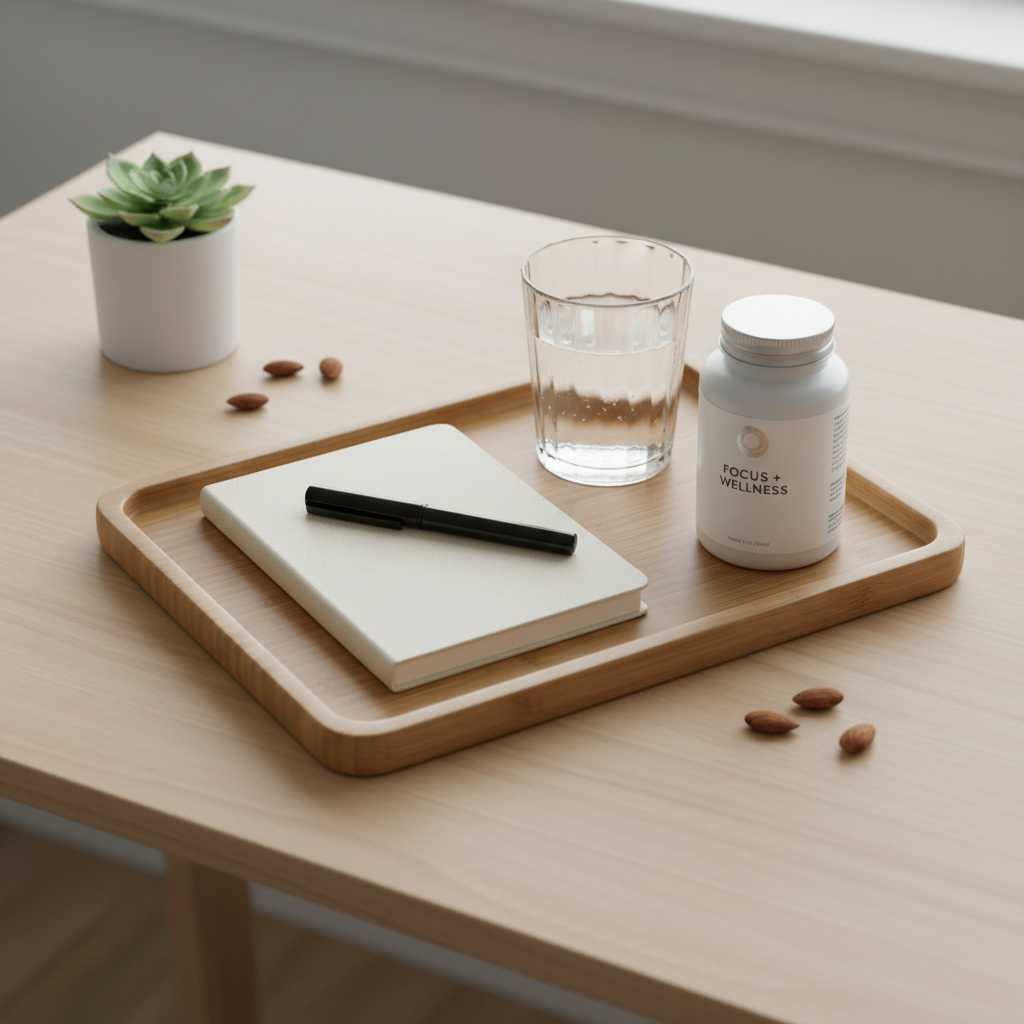 Organized health and focus routine tray with notebook, pen, glass water cup, and white supplement bottle