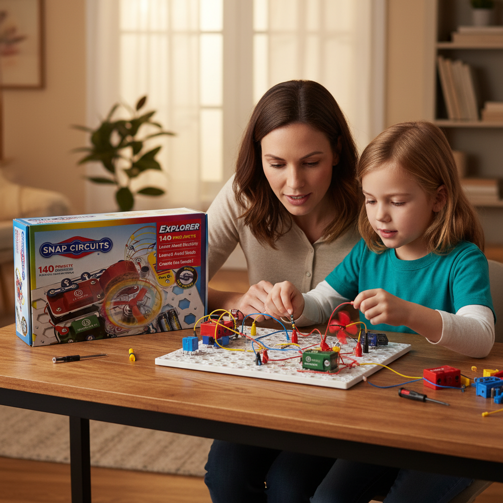 Parent and child working together on Snap Circuits STEM electronics kit at a desk in a home learning environment — More4less Outlet lifestyle image