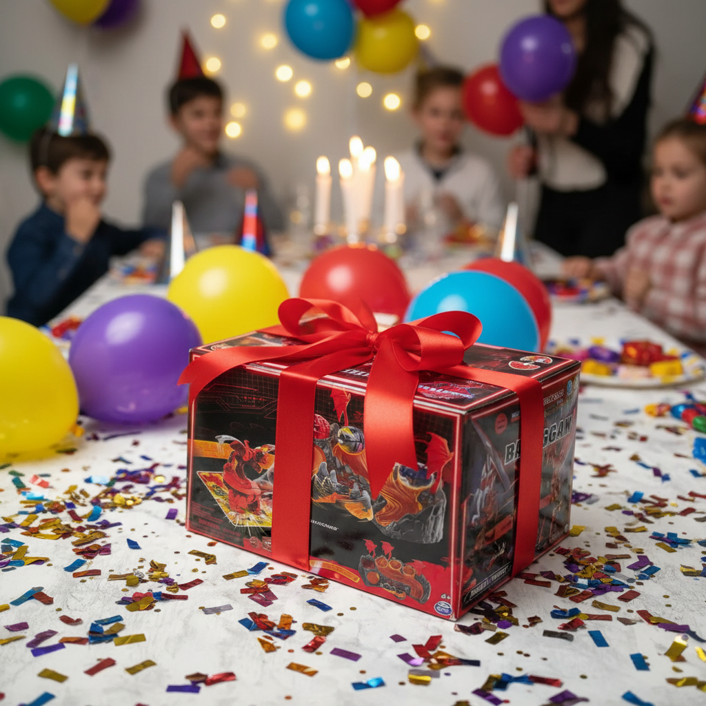 Bakugan Training Set gift box with ribbon on a birthday party table with balloons and confetti — More4less Outlet lifestyle image