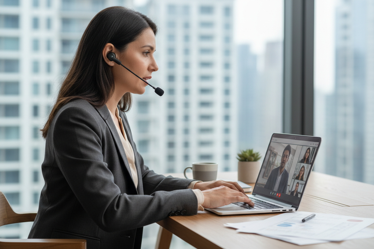 Professional at modern desk wearing black earbud with flexible boom mic on video call