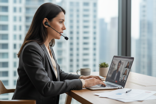 Professional at modern desk wearing black earbud with flexible boom mic on video call