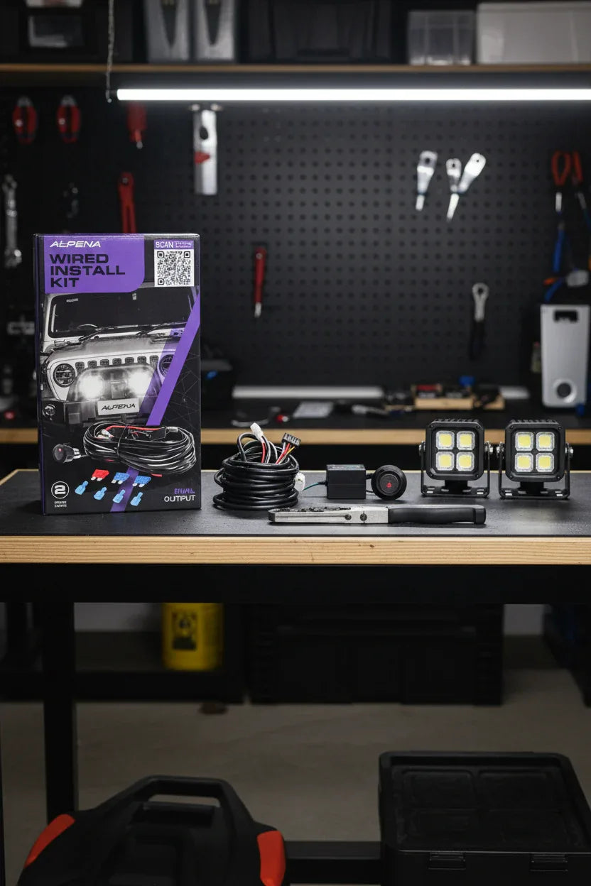 Alpena Wired Install Kit relay harness laid out on garage workbench with auxiliary pod lights — off-road lighting install setup