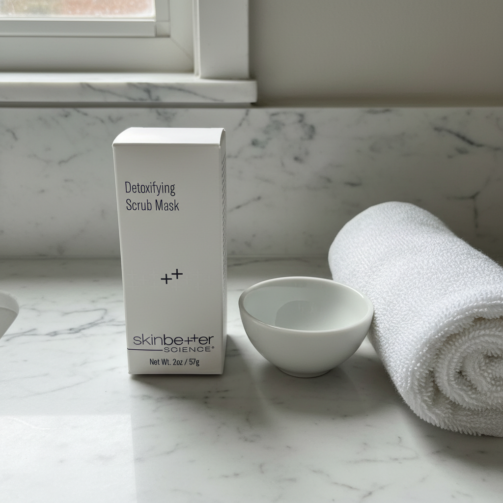 skinbetter science Detoxifying Scrub Mask white box on a marble bathroom countertop with white towel and ceramic bowl