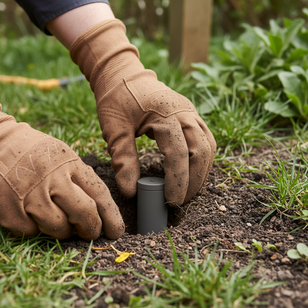 Close-up of gloved hands placing a small cylindrical pest control item into a hole in garden soil