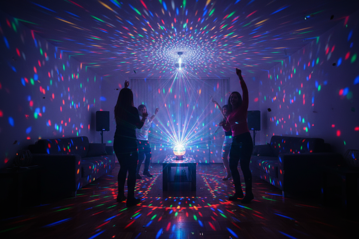 Bright rotating multicolor LED lights filling a dark living room creating a vibrant party atmosphere