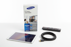 Samsung VG-STC3000 TV Camera retail box tech flat lay with Samsung remote HDMI cable and tablet on white surface – More4less Outlet