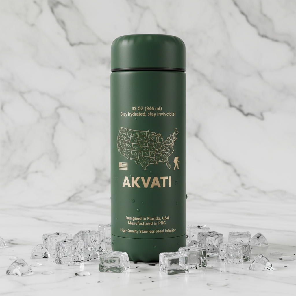 Matte dark green Akvati 32 oz water bottle on a white marble surface with ice cubes and water droplets, minimalist premium drinkware photography.