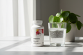 Thorne supplement bottle on marble surface next to glass of water and small green plant