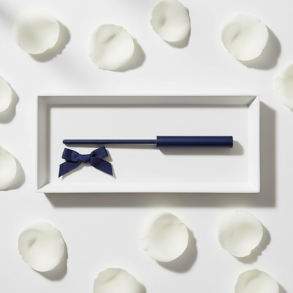 Lifestyle image — navy blue perfume wand on white gift tray beside navy ribbon bow and white rose petals, elegant gifting flatlay for visual context only