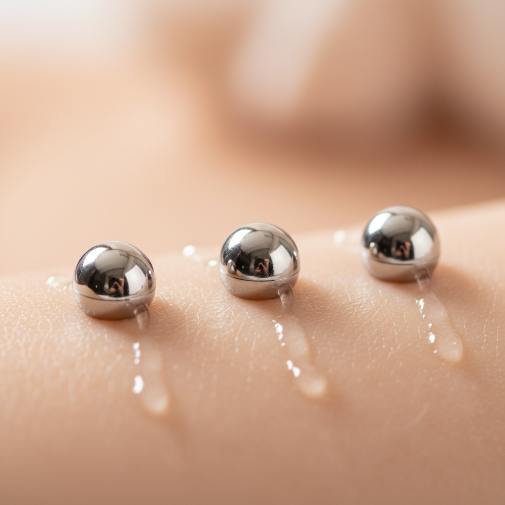 Macro close-up of three shiny metal rollerballs gliding over smooth skin with clear hydrating sheen