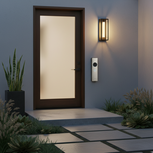 Modern home entryway featuring a sleek Satin Nickel Ring Video Doorbell mounted on the doorframe beside a decorative porch light