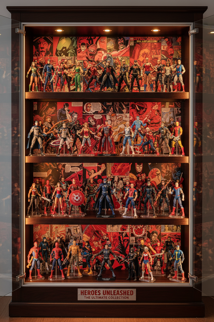 Collection of superhero action figures on premium collector shelf with comic book art backdrop and red and black color scheme — More4less Outlet