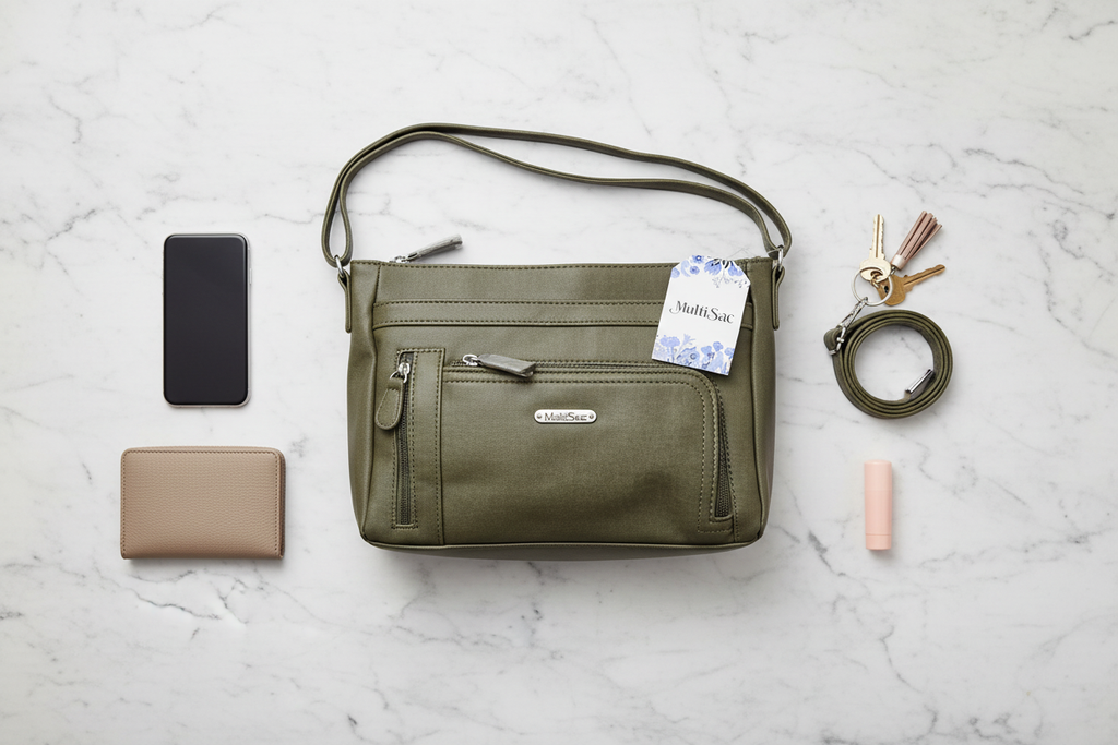 MultiSac Summerville olive green crossbody bag flat lay with phone keys wallet and essentials on marble — organized everyday carry purse