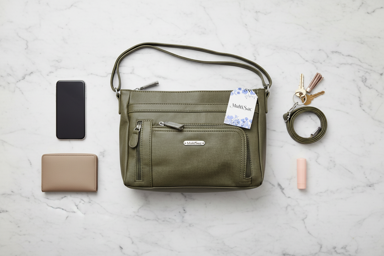 MultiSac Summerville olive green crossbody bag flat lay with phone keys wallet and essentials on marble — organized everyday carry purse