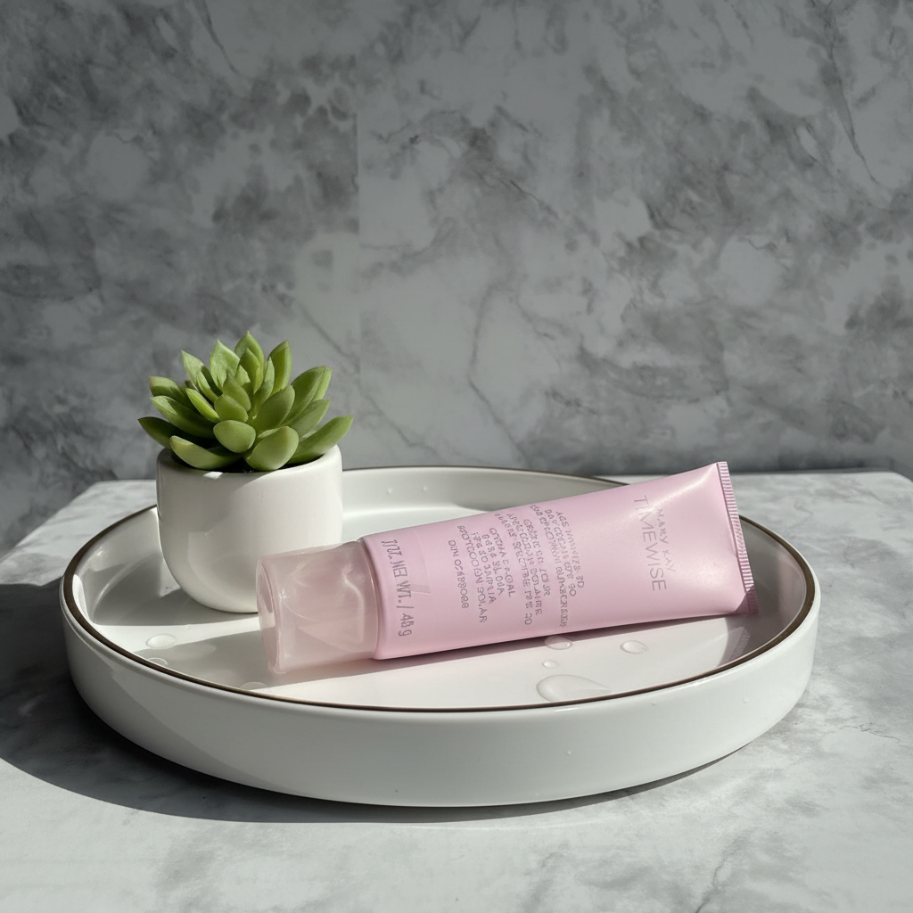 Mary Kay TimeWise Age Minimize 3D Day Cream SPF 30 on vanity tray with succulent morning light – More4less Outlet