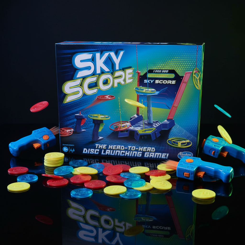 Hasbro Sky Score disc launching game hero display with blue and green dramatic lighting
