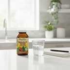 Daily vitamin supplement amber glass bottle next to water glass and journal on bright white countertop – More4less Outlet