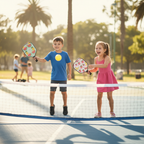 Two kids playing pickleball outdoor court colorful junior fruit design paddles smiling summer day family sports - More4less Outlet