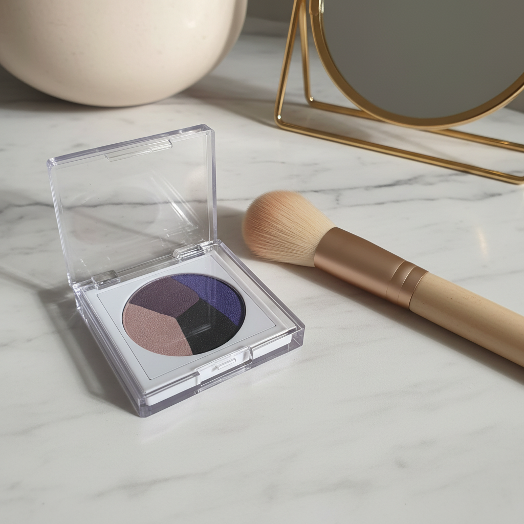 Mary Kay At Play Baked Eye Trio compact open on marble vanity with makeup brush and mirror