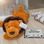 Ebba Baby Lion Plush next to More4less Outlet Stuffed Friend Adoption Certificate gift flat lay - More4less Outlet