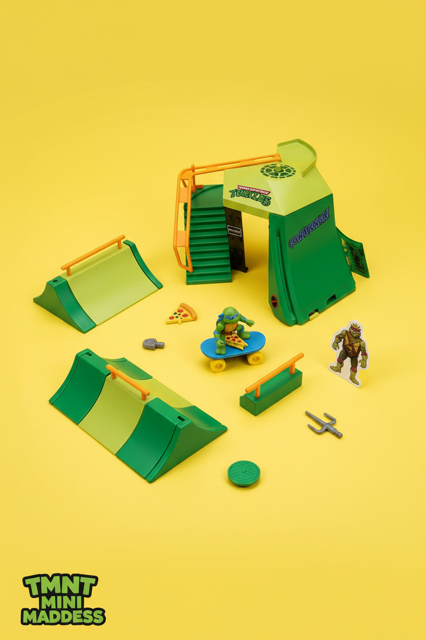 TMNT Mini Madness Skate Park playset flat lay on yellow background with Leonardo figure and accessories